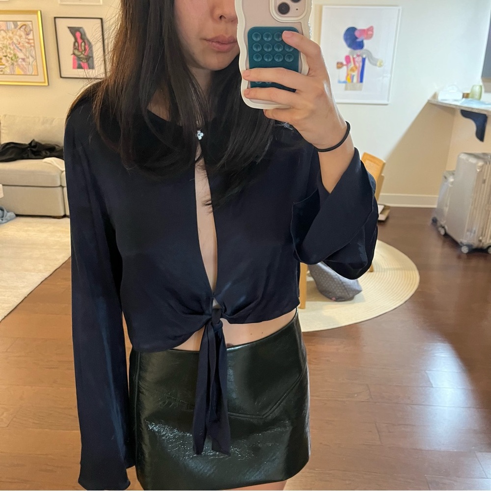 Tie front satin blouse